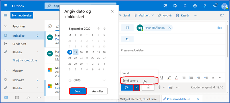 Du kan vælge, hvornår dine mails skal sendes i online udgaven af Outlook