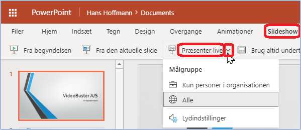Præsenter live med online udgaven af PowerPoint