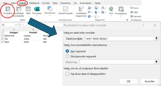Opret pivottabel i Excel