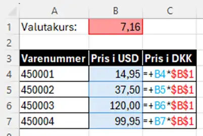 Dollartegn i Excel