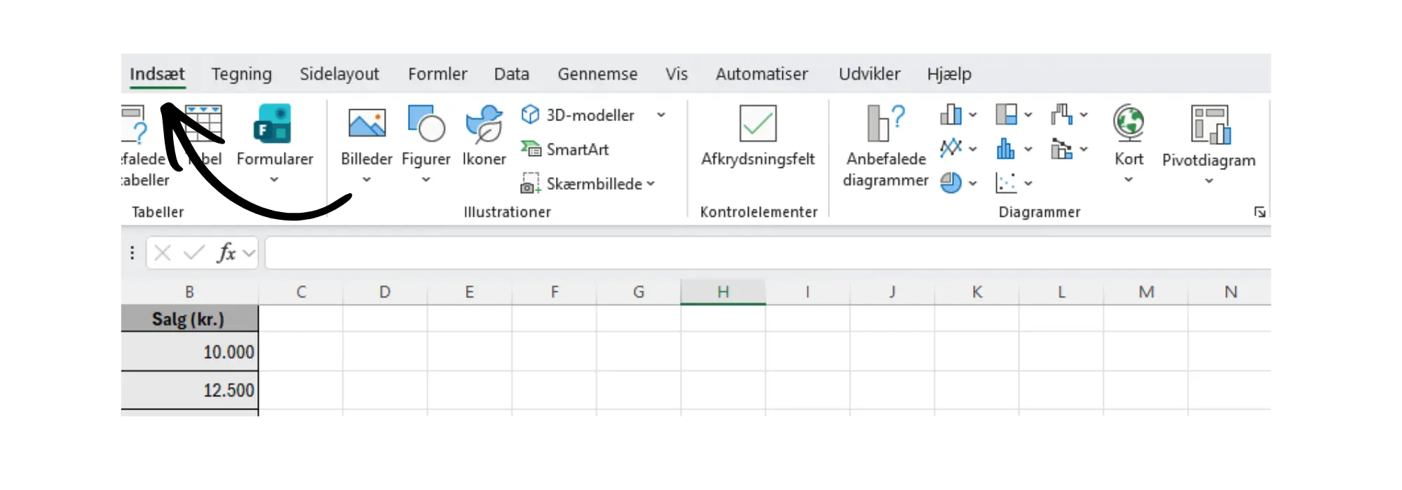 Gå til indsæt i menulinjen