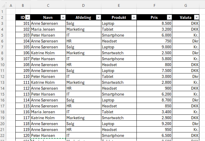 Søg og erstat tabel i excel